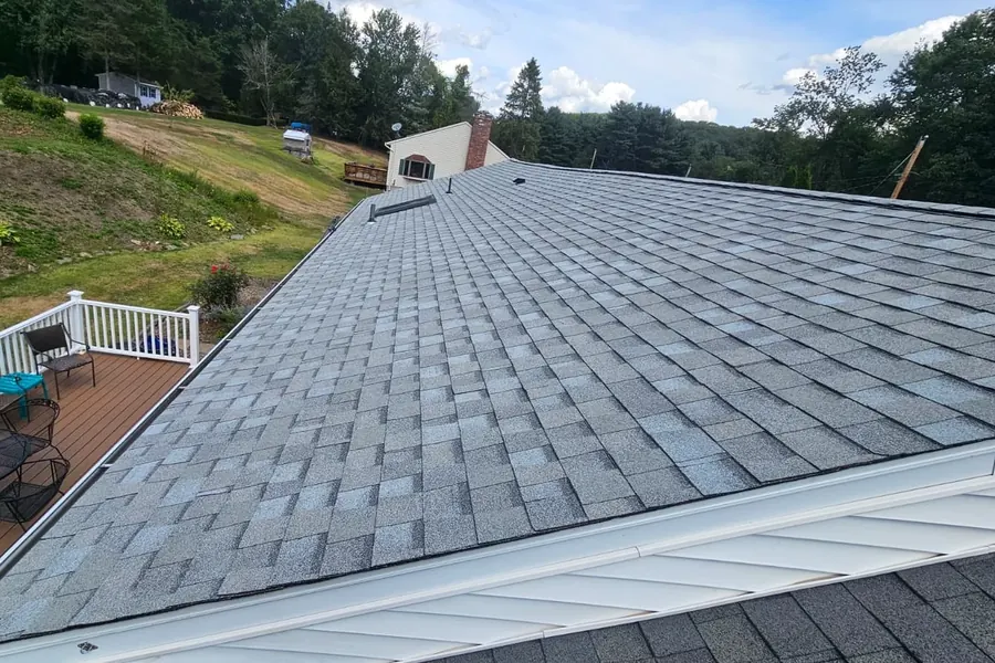 Asphalt-shingle roof on a residential home, viewed from above
