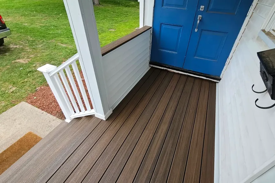 Close-up of porch decking and entrance