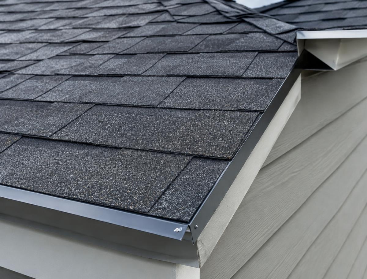 Detail of new shingles and metal drip edge